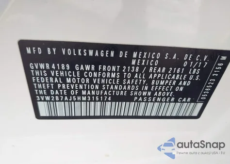 2017 Volkswagen Jetta 1.4T S из США, поврежденный, VIN 3VW2B7AJ5HM315174